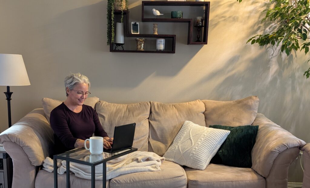 A warm blanket, a cup of coffee, an uncluttered space, and my tablet for journaling are all I need.