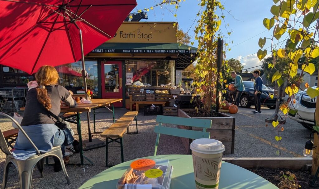 Iced coffee and gluten-free pastry after a Saturday morning walk to Argus Farm Stop.
